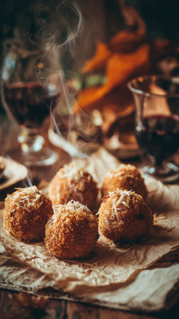 Close-up of five steaming, crispy, golden-brown croquettes with gratified cheese on parchment paper on a rustic table, with blurry red wine glasses and autumn leaves in the background, perfect for a cozy tapas menu.の素材