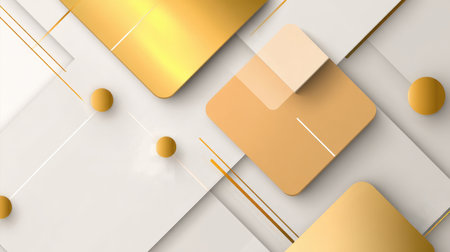 Elegant abstract background with layered white, cream, and shimmering gold geometric shapes (squares and spheres). A luxurious and modern design perfect for corporate branding, presentations, certificates, and premium product advertising.の素材