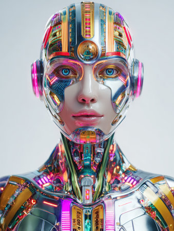 Close-up portrait of a futuristic humanoid robot or female cyborg with realistic skin, bright blue eyes, and intricate metallic and reflective cybernetic details glowing with vibrant neon colors, symbolizing ai and robotics.の素材