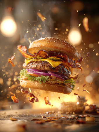 Explosive Floating Cheeseburger with Crispy Bacon, Melting Cheddar Cheese, Fresh Lettuce, Red Onion, Pickles, and a Sesame Seed Bun in a Dramatic Scene with Flying Ingredients, Smoke, and a Fiery Background for Fast Food Advertisingの素材