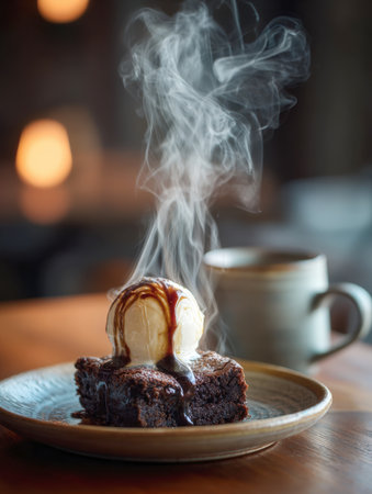 Close-up of a warm, rich chocolate brownie topped with a scoop of vanilla ice cream and caramel drizzle, with visible steam rising. Served on a rustic plate with a blurred mug and warm lighting in the background, conveying decadence, comfort dinningの素材