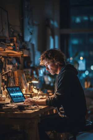 Vertical, dramatic shot of a focused man with curly hair and a hoodie working on a laptop displaying audio editing software. The dimly lit, creative workspace suggests late-night productivity, deep concentration, and digital media artistry.の素材