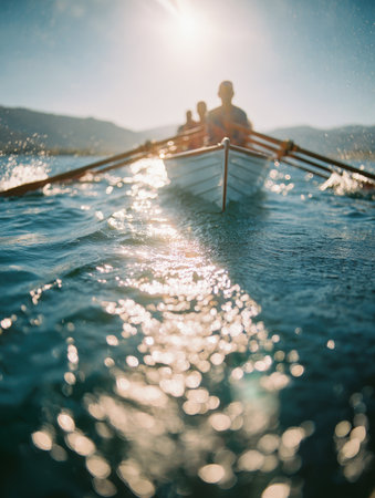 rowing team in motion, captured from the water's surface. The image features splashing water droplets, a strong sun flare reflecting intensely off the water, creating dramatic bokeh. Conveys themes of teamwork, sport, effort, and natural beauty.の素材