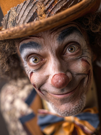 Dramatic, high-detail portrait of a character clown looking directly at the camera with a wide, painted smile and expressive eyes. Captures the complex emotion, vintage style, and theatrical artistry of a professional performer.の素材