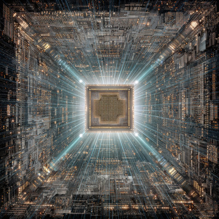 High-resolution 3D render of a golden CPU with a cloud symbol at its center, surrounded by a complex network of circuit board components, glowing lines, and bright light bursts, symbolizing advanced digital technology and computing.の素材