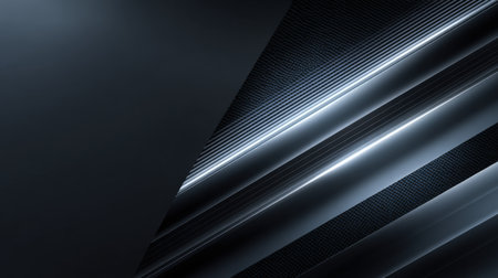 Futuristic Dark Abstract Background with Glowing Parallel Lines: Monochrome Geometric Design Featuring Textured Stripes and Sharp Diagonal Shapes for Technology and Corporate Visuals.の素材