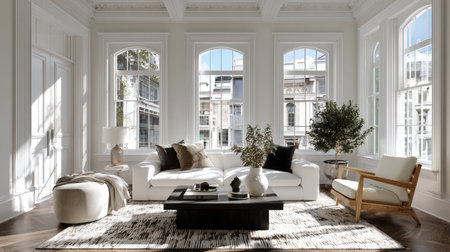 A wide horizontal shot of a luxurious, light-filled living room featuring high ceilings, white walls, and elegant arched windows, furnished with a white sofa, dark wooden table, and textured rug.の素材