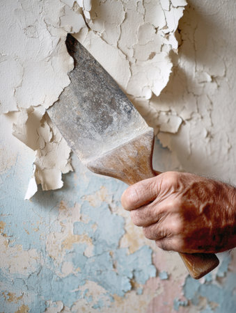 A vertical close-up showing a hand using a metal scraper with a wooden handle to peel away multiple layers of worn and cracked paint from an interior wall surface during a DIY home repair or renovation project.の素材