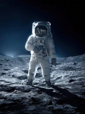 A dramatic vertical view of an astronaut standing on the moon's dusty, rocky surface, wearing a white suit with details, casting a long shadow under the cold, distant light against a black space background.の素材
