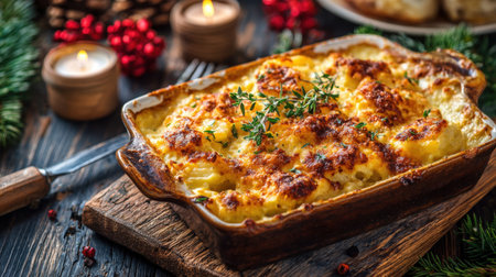 A close-up horizontal shot of a bubbling, golden-brown potato gratin or scalloped potato dish topped with melted cheese and fresh thyme, served in a ceramic dish, surrounded by festive holiday decor and candlesの素材