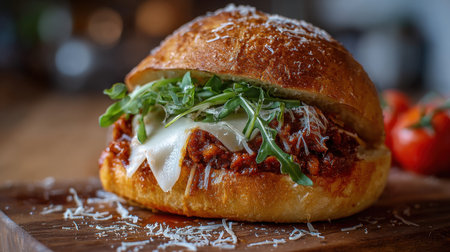A close-up horizontal shot of a large, messy sandwich with a toasted bun, filled with bolognese-style meat sauce, a slice of melted cheese, arugula, and a generous sprinkle of grated parmesan on a wooden board.の素材