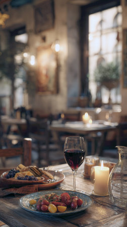 A vertical shot capturing a warm, intimate atmosphere in a traditional trattoria with a glass of red wine, lit candle, and a plate of cherry tomatoes and cheese on a rustic wooden table, with a blurred background.の素材