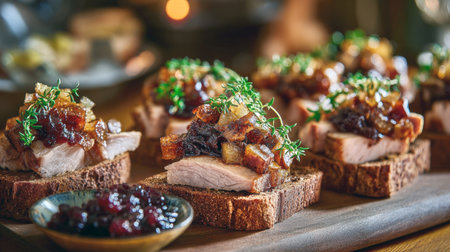 Appetizing close-up of Scandinavian-style pork canapes on dark bread, topped with rich, savory delight and microgreens. Perfect for concepts related to gourmet appetizers, holiday feasts, danish cuisine, catering, and fine dining.の素材