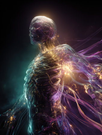 artwork showing the transparent, skeletal, and muscular structure of the human form, interwoven with glowing energy streams. Excellent for themes related to science, artificial intelligence, technology, data, spirituality, and mental health.の素材