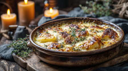 Rustic and comforting homemade potato gratin (Dauphinoise) or casserole, baked until golden and bubbly with a melted cheese topping. Garnished with fresh thyme and presented in a warm, cozy setting.の素材