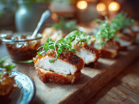An appetizing close-up of high-end pork belly canapes bites on a rustic wooden board, garnished with delight and fresh sprouts. Ideal for themes of gourmet cooking, fine dining, restaurant menus, holiday feasts, and appetizer recipes.の素材