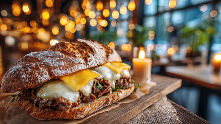 Close-up of a rustic sandwich (baguette) filled with braised beef and melted yellow and white cheese, garnished with thyme, served on a cutting board in a warm, bokeh-lit restaurant or cafe setting.の素材