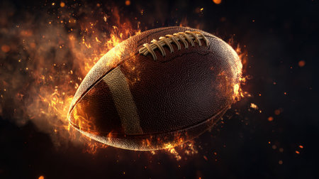 American football ball engulfed in bright orange flames and glowing sparks, symbolizing extreme competition, speed, and passion for the game, isolated on a dark, smoky background.の素材