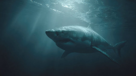 Powerful great white shark swimming in deep, dark blue ocean water, illuminated from above by sunbeams filtering through the surface, creating an intense, dramatic, and moody scene.の素材