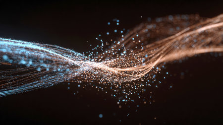 Abstract digital background showing a twisting stream of blue and orange glowing particles/data points, creating a dynamic, futuristic visual on a dark background, symbolizing connectivity.の素材