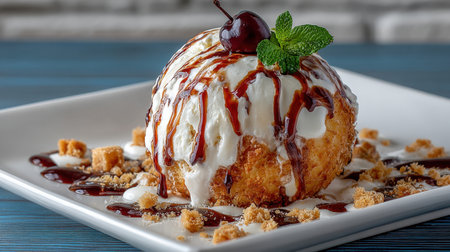 Decadent fried ice cream ball drizzled with chocolate syrup and topped with whipped cream, a cherry, and mint, served with crunchy bits on a white square plate against a blue wooden background.の素材