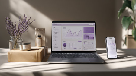 A professional scene featuring a laptop and smartphone displaying a clean, purple-themed business analytics dashboard, set beside natural product packaging and lavender. Ideal for depicting e-commerce, digital marketing, and small business success.の素材