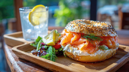 A delicious, fresh bagel loaded with smoked salmon and cream cheese, garnished with dill, served on a wooden tray with a small salad and a refreshing lemon beverage. Perfect for breakfast, brunch, or cafe menu concepts.の素材