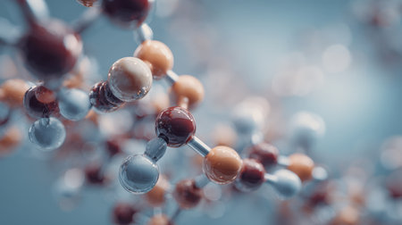 A detailed 3D illustration of a molecular structure with colorful, glossy spheres and bonds, set against a soft, blue background with depth of field. Represents concepts in chemistry, biology, medical research, and nanotech.の素材
