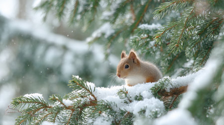 A fluffy, cute red squirrel rests on a thick, snow-laden spruce branch in the forest, surrounded by evergreen needles and soft, falling snow. A perfect depiction of wild animals in a serene winter landscape and nature concept.の素材