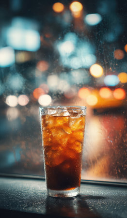 A glass of iced cola or dark soda with condensation, sitting by a rainy window pane overlooking colorful, blurry city lights and traffic bokeh at night. Perfect for depicting refreshment, urban nightlife, and cinematic scenes.の素材