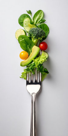 A visually striking, top-down image featuring a colorful, carefully arranged mix of fresh, raw vegetables and lime slices balanced on a gleaming silver fork, symbolizing healthy eating, diet, and nutrition.の素材