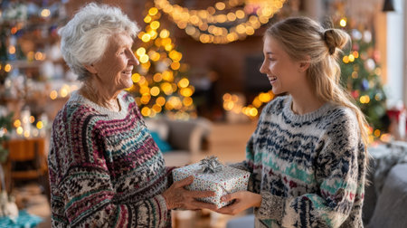 A cheerful young woman giving a Christmas present to her happy grandmother, both wearing fair isle sweaters. Captures holiday warmth, family bonding, and the joy of gifting against a background of festive lights and decorations.の素材
