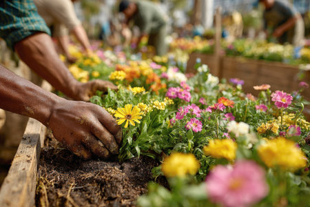 A close-up shot of a person's hands planting a yellow flower in a raised garden bed, surrounded by colorful blossoms. Focuses on gardening, community work, spring planting, and connection to nature with soft, bright daylight.の素材