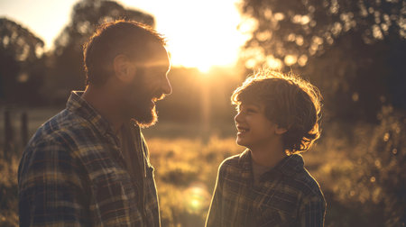 Horizontal Portrait of Happy Father and Son Smiling and Connecting Outdoors During Golden Hour Sunset, with Bright Backlighting and Lens Flare, Emphasizing Joyful Family Bonding, Communication, and Genuine Emotional Connectionの素材