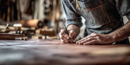 A close-up, low-angle shot of a skilled leather craftsman wearing a gray apron, carefully tracing a template onto a large sheet of rich, tan leather with a pen in a dimly lit, traditional workshop environment.の素材