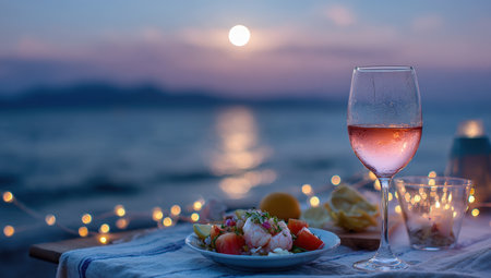 Romantic twilight dinner by the ocean with a full moon reflection. Close-up of rose wine, shrimp salad, and soft string lights, creating a tranquil, luxurious, and elegant seaside dining ambiance.の素材