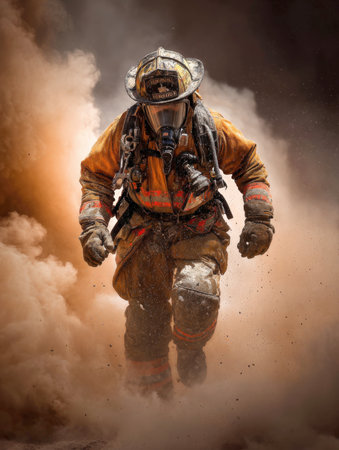 Heroic low-angle portrait of a firefighter in full protective gear and mask, moving urgently through thick smoke and dust. Symbolizes bravery, emergency services, and professional action in crisis.の素材