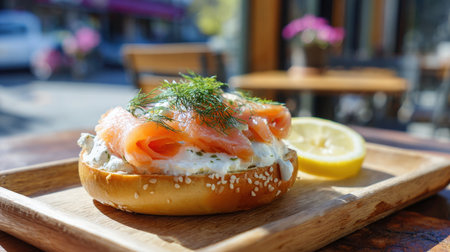 Appetizing close-up of a sesame bagel topped with smoked salmon, cream cheese, and fresh dill. Served with lemon on a wooden tray outdoors in bright daylight for breakfast or brunch.の素材