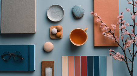 A minimalist, overhead flat lay showcasing an analogous color palette of orange, peach, and pink acrylic paint swatches. Features a paintbrush, textured paper, and negative space, ideal for design, creativity, and color theory concepts.の素材