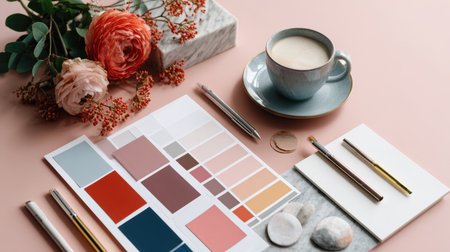 Elegant flat lay for creative design and branding themes. Features a color palette card, coffee, ranunculus flowers, and designer tools on a pink background, symbolizing inspiration, aesthetic, and interior design planning.の素材