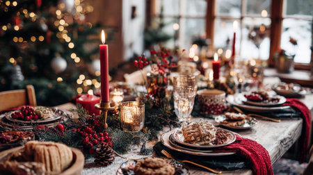 Intimate and Lavish Christmas Holiday Dinner Table Set with Lit Red Taper Candles, Glimmering Mercury Glassware, Lush Pine Garland, Cranberries, and Delicious Food, Capturing the Warm, Cozy Ambiance of Seasonal Celebrationの素材