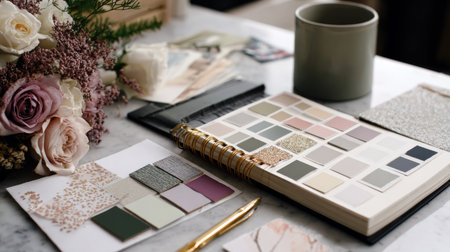 An interior designer's desk features a color swatch book, fabric samples, a marble surface, gold pen, and a rose bouquet. This elegant, luxurious scene is perfect for design, planning, and lifestyle themesの素材