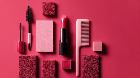 Vibrant Pink and Red Flat Lay of Modern Cosmetic Products and Accessories, Including Mascara Wands, Lipstick, a Hair Comb, and Textured Foam Cubes, Arranged in a Creative Geometric Pattern for Beauty and Fashion Advertising Backgroundsの素材
