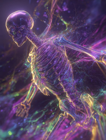 Translucent Energetic Skeleton. Abstract 3D Render of a Human Skull and Rib Cage Formed from Glowing, Rainbow-Colored Glass or Liquid, Surrounded by Swirling Purple and Green Energy Particles - Science and Mortality Conceptの素材
