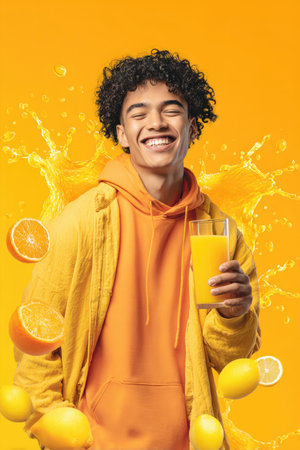 Joyful Young Man Holding a Glass of Fresh Orange Juice: Energetic Portrait with Exploding Citrus Splash and Floating Oranges, Lemons on a Bright Yellow Background Health, Vitamin C, and Refreshment Concept.の素材