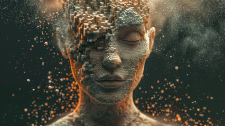 Stunning, high-resolution digital art portrait of a person's face disintegrating into a complex array of tiny glowing voxels and dust particles, illustrating concepts of AI, data, digital breakdown, and the merge of human and virtual forms.の素材
