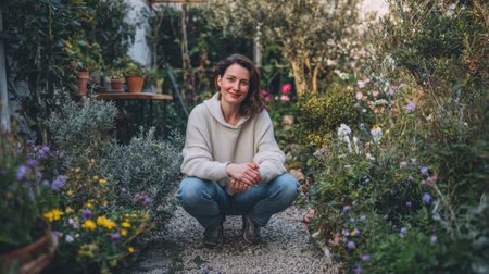 A smiling young woman in a cream sweater and jeans is squatting amidst lush greenery and blooming flowers in a backyard garden. Capturing a peaceful moment of gardening and connecting with nature.の素材