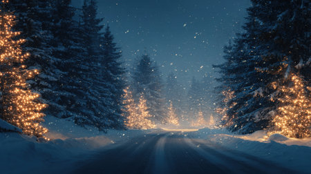 Enchanting wide shot of a snowy, misty road flanked by dark pine trees decorated with bright, warm Christmas lights. This magical winter night landscape is perfect for holiday travel, greeting cards, and festive backgrounds.の素材