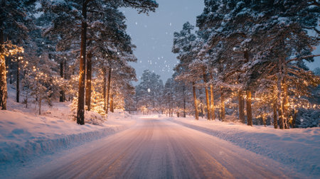 Atmospheric winter landscape featuring a snow-covered road leading through a pine forest. Trees are decorated with warm golden string lights, creating a magical, festive, and tranquil scene under falling snowflakes.の素材