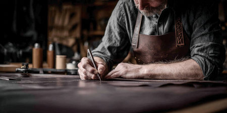 Close-up of a Skilled Artisan Leatherworker with a Beard and Leather Apron, Precisely Marking and Cutting a Large Piece of Raw Leather on a Workbench in a Dark, Rustic Workshop.の素材